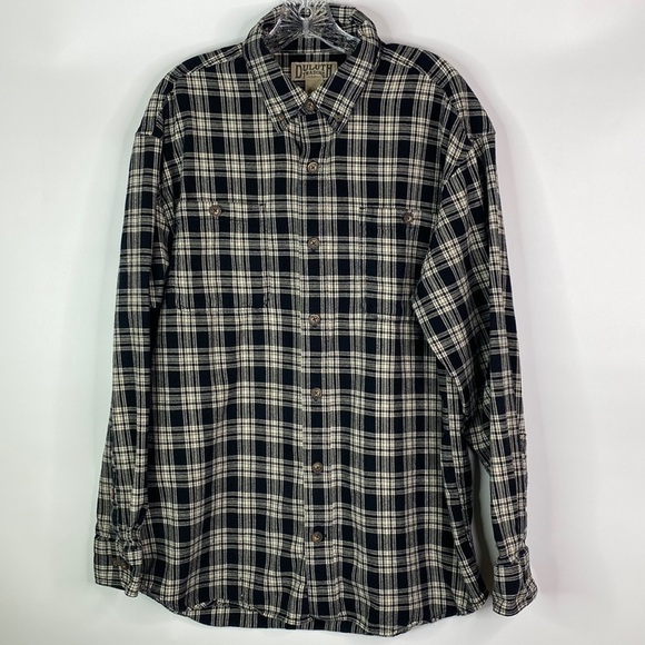 Duluth Trading Free Swingin' Flannel Relaxed Fit Button Up Black Plaid Shirt L - Picture 1 of 8